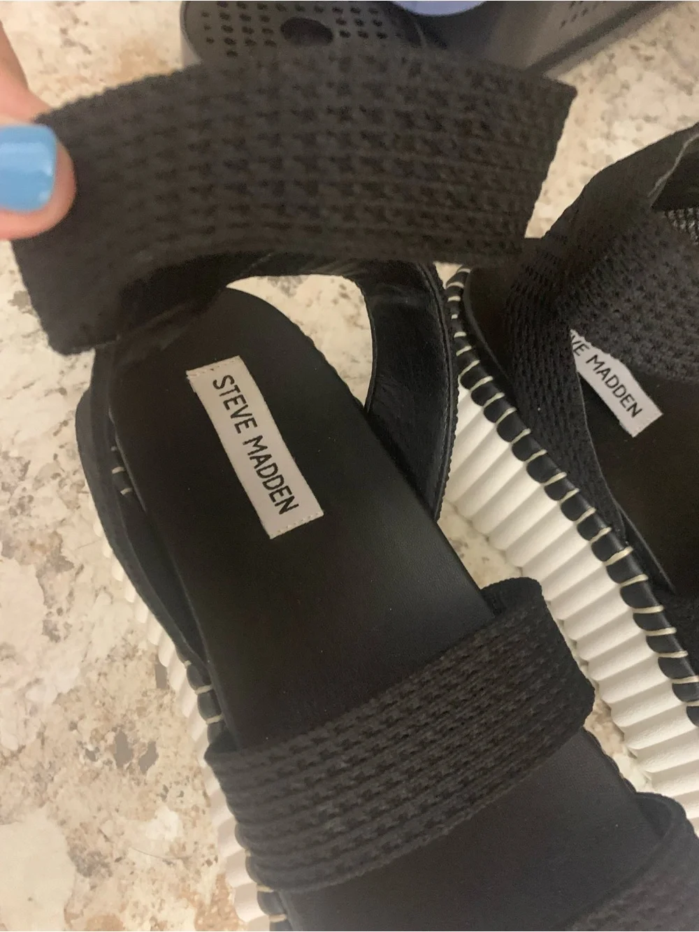 Steve Madden Black Elastic Strappy Platform Sandals with White Ribbed Sole
